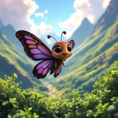 Primary subject: A butterfly with a face and a smile.

Setting/background: A lush green hillside with a valley below.

Visual style: Digital art.

Colors and mood: The butterfly is purple and orange, with a happy and cheerful expression.